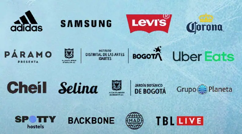 adidas, Samsung, Levi's, Corona, Páramo, Idartes, Bogotá, Uber Eats, Cheil, Selina, Jardín Botánico de Bogotá, Grupo Planeta, Spotty Hostels, Backbone, MAD y TBL Live