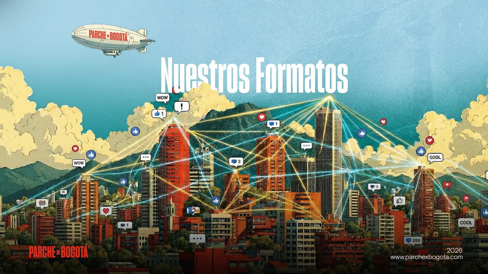 Ilustración de Bogotá conectada, con el dirigible de Parche x Bogotá