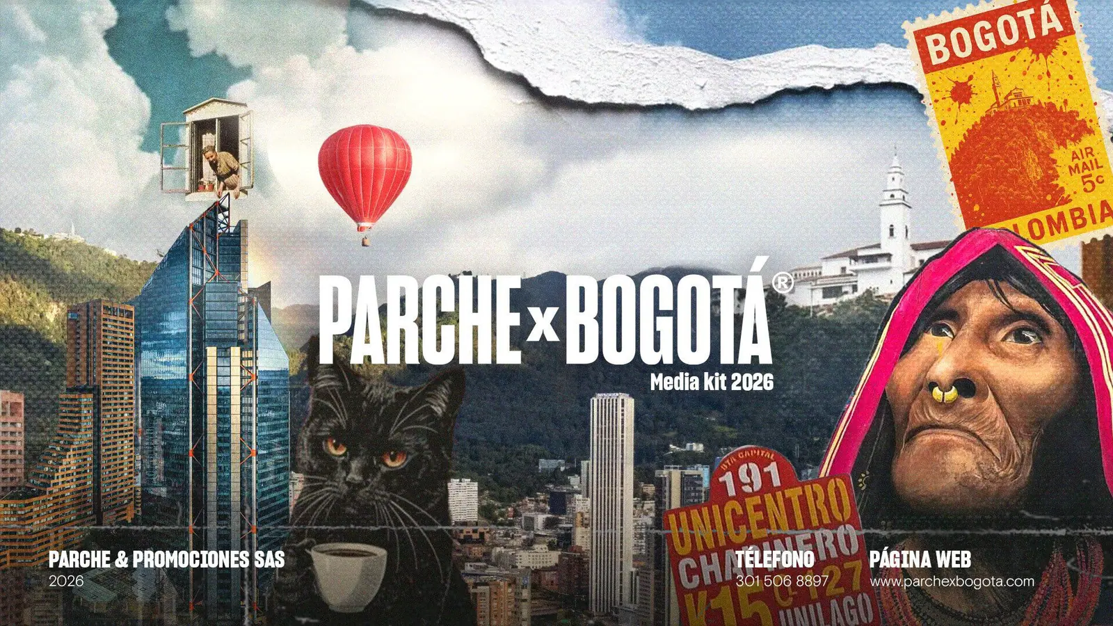 Portada del Media Kit 2026 de Parche x Bogotá: collage de Bogotá con Monserrate, un globo rojo y personajes de la ciudad