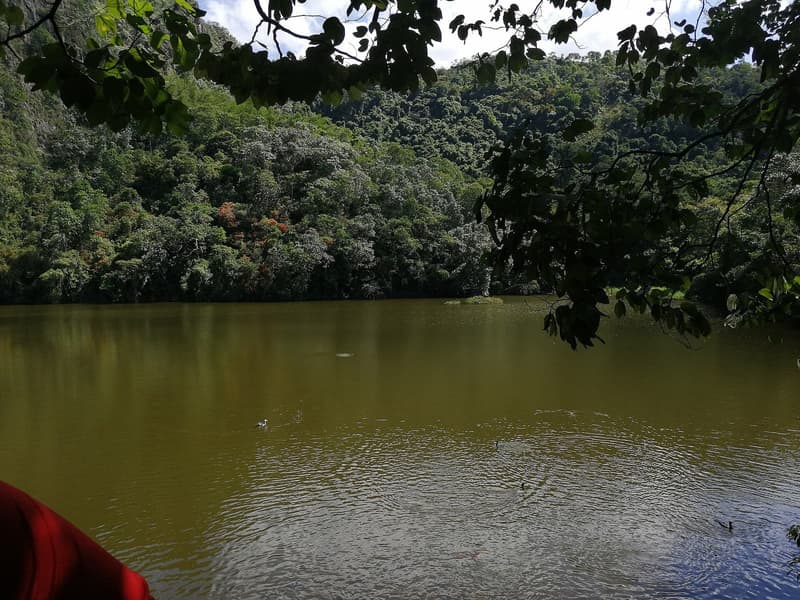 La Vega: la laguna El Tabacal y el cerro desde donde se ve el Nevado del Ruiz